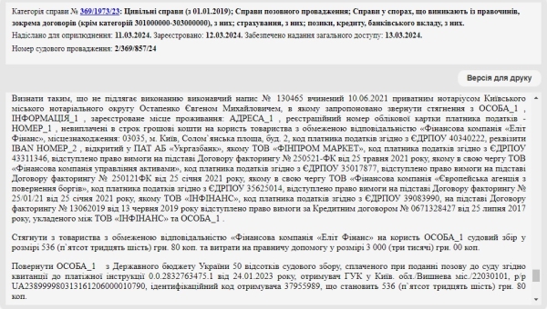 Справа № 369/1973/23: Скасували виконавчий напис нотаріуса від ТОВ Еліт Фінанс